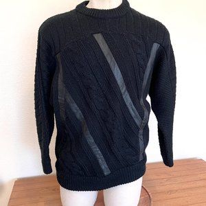 90's Black Pullover Sweater - Accent with Leather - Size Medium